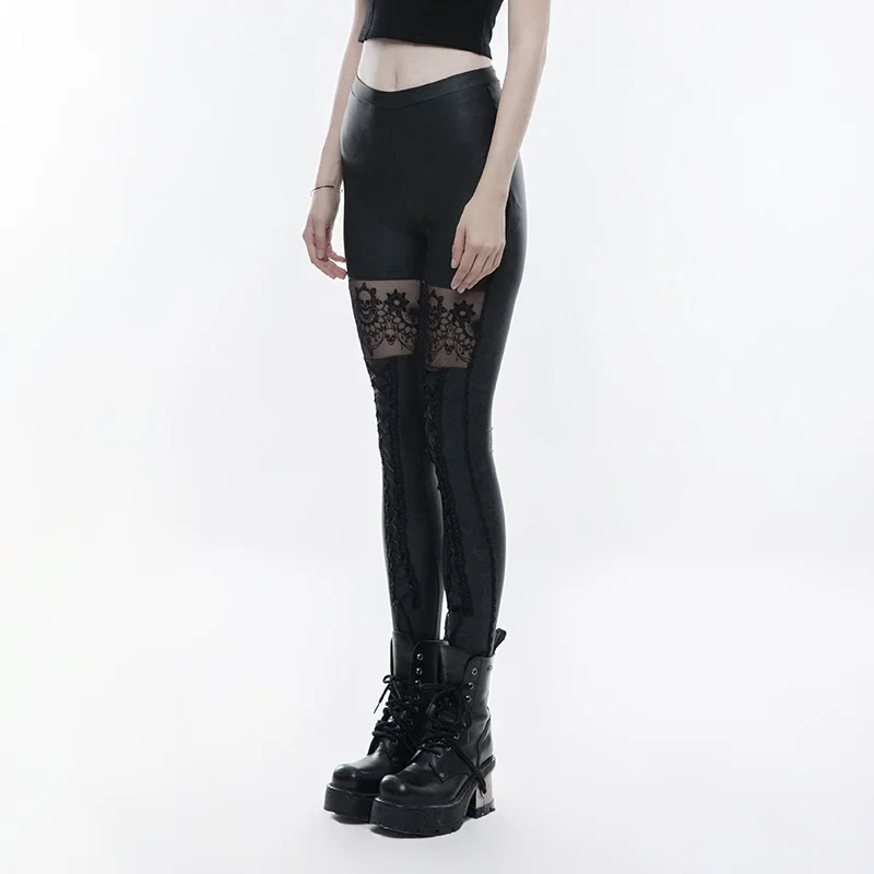 Gothic Skull Embroidered Sexy Leggings Waist Rubber Band Legs Tied Rope Elastic PU Leather Knitted pants PUNK RAVE WK-293DDF | Женская