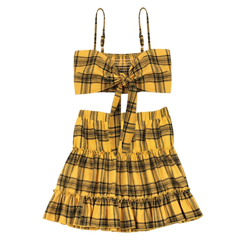 yellow plaid set InstaHot, желтая клетчатая Женский комплект 2 шт., летняя, с рюшами, эластичная талия, юбка и топ с бантом, сексуальный,, стиль, Женский комплект - Цвет: yellow plaid set