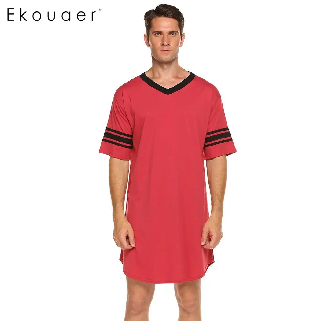 Dark Red Ekouaer Мужская пижама длинная ночная рубашка с коротким рукавом ночная рубашка мягкая удобная свободная рубашка для сна Мужская домашняя одежда - Color: Dark Red