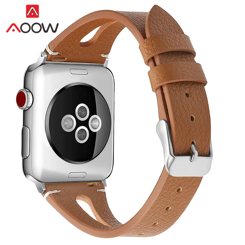 Brown Ремешок из натуральной кожи с принтом для Apple Watch 40 мм 44 мм для iwatch 38 мм 42 мм ремешок серии 4 3 2 1 браслет аксессуары - Цвет ремешка: Brown