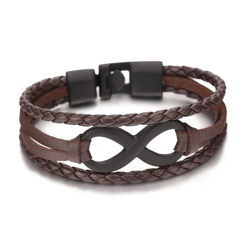 wholesale New Fashion Black plated Infinity Bracelet Genuine Leather Hand Chain Alloy Buckle friendship bracelet men | Украшения и