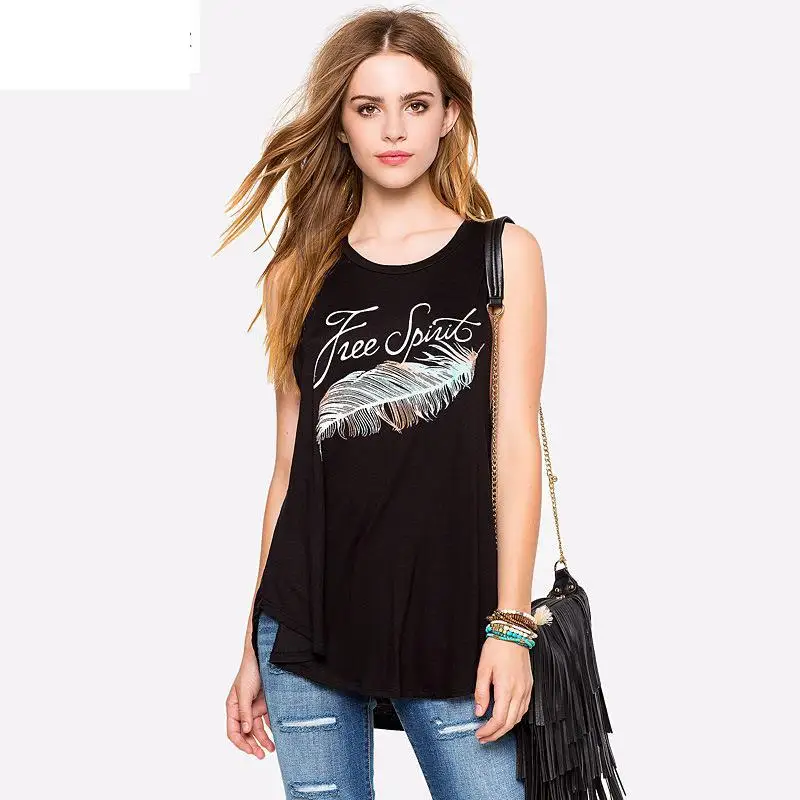 Радость Душу Населения Женщины Топы 2017 Пляж Топ Печатные Буквы Перья Лето
