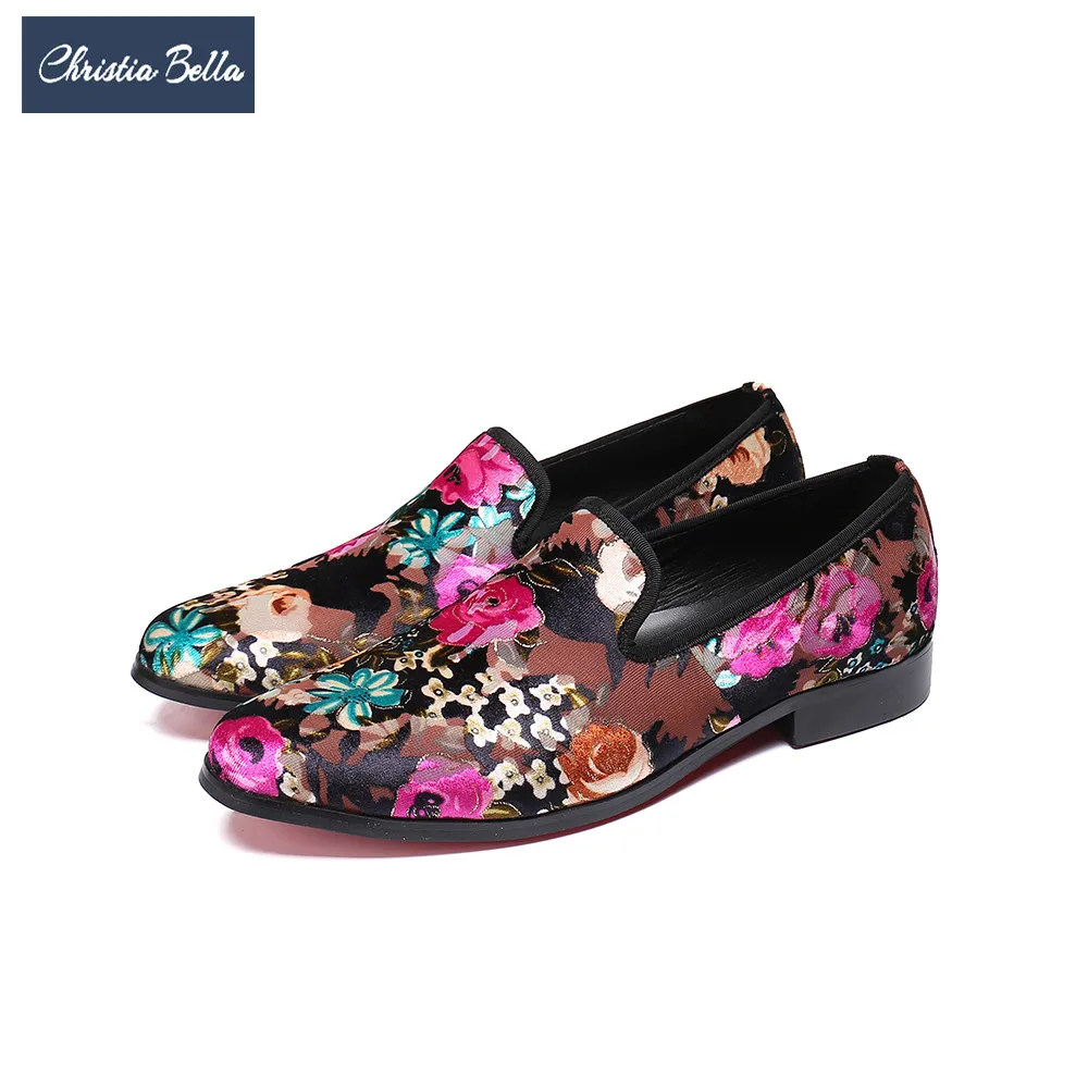 

Christia Bella New Designer Vintage Floral Men Dress Shoes Fashion Printing Men Loafers Slip on Party Shoes Smoking Slippers