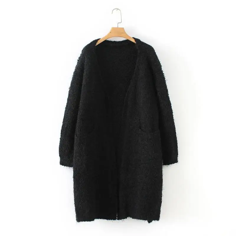 Women Cardigans Popcorn Sweaters Open Knitted Coat Grey Black Pink Mohair Oversize Outwear With Pocket Long Sleeve Knitwear 2019 |