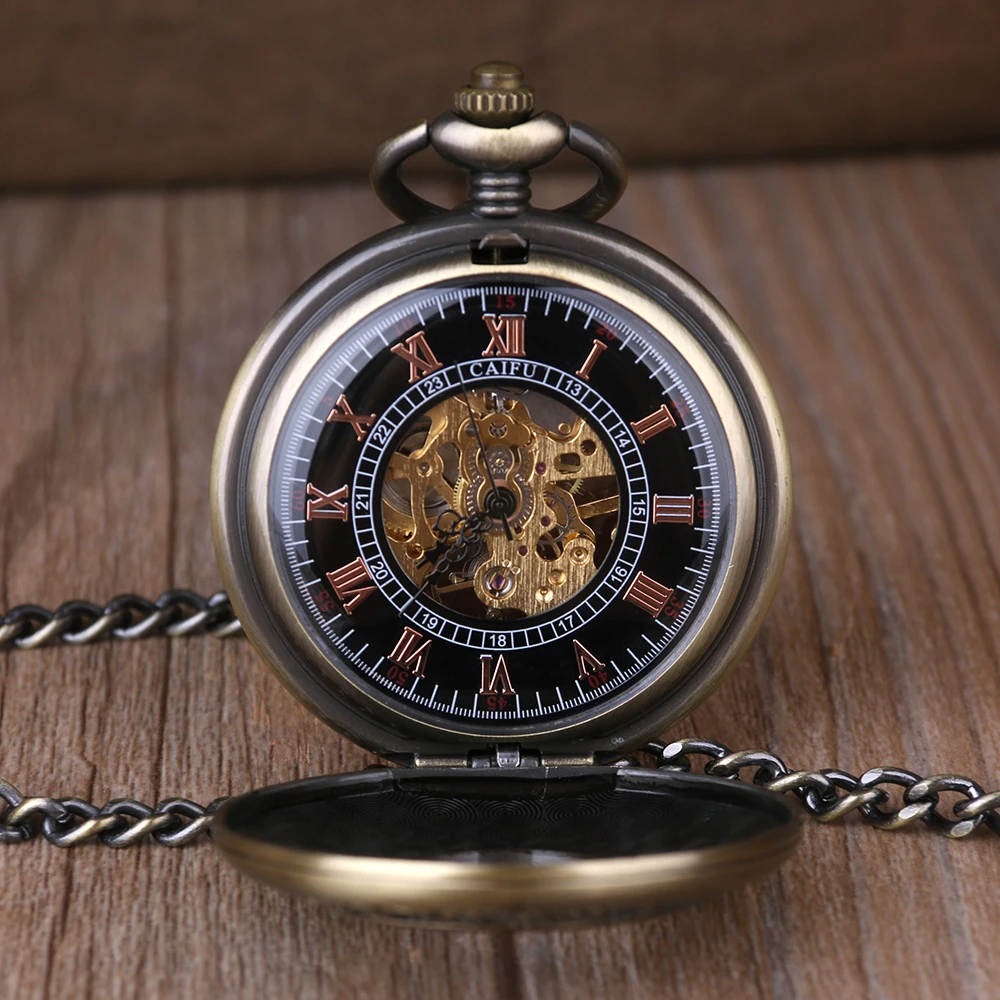 Wooden Men Pocket Watch Cool Luxury Lover Gift Chain Mechanical Hand Winding Bronze Watch Skeleton Steampunk Men Watch