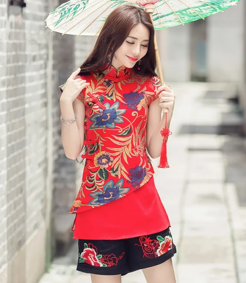 Шанхай Тан одежда женский китайский Cheongsam топы для женщин Лето ретро винтажная рубашка цветочные Женские китайские Топы TA1464