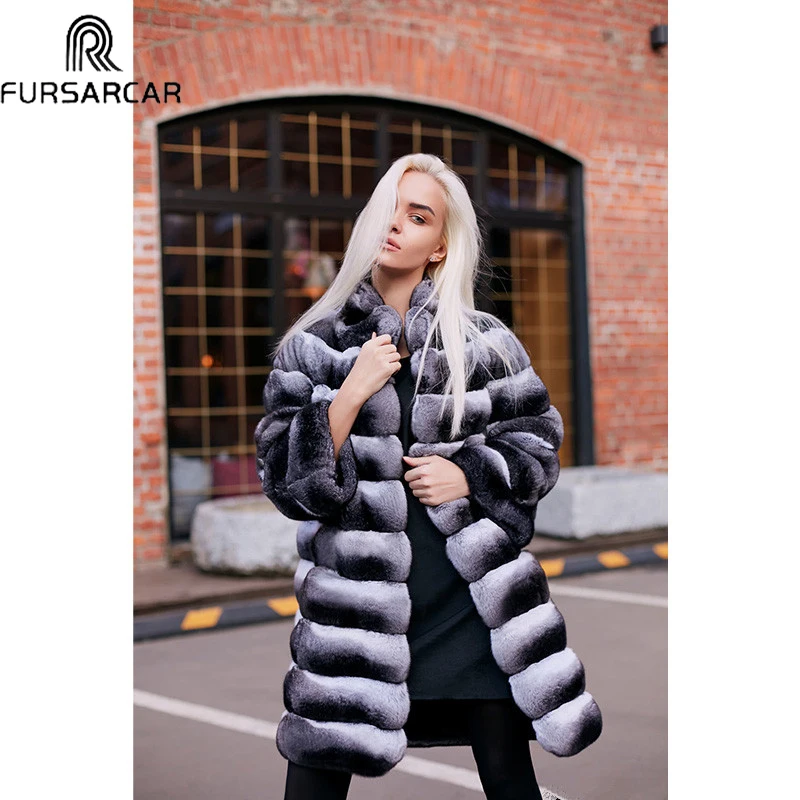 

FURSARCAR Chinchilla Women Winter Rex Rabbit Coat Real Natural Fur Coat Whole Skin With Fur Collar Jacket Classic Ctyle Fashion