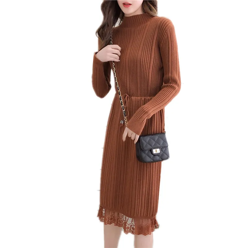 

2019 New Spring Autumn elegant Sweater Dress Women Casual Long Sleeve lace stiching Knitted Dress female Knitted Sweater Dresses