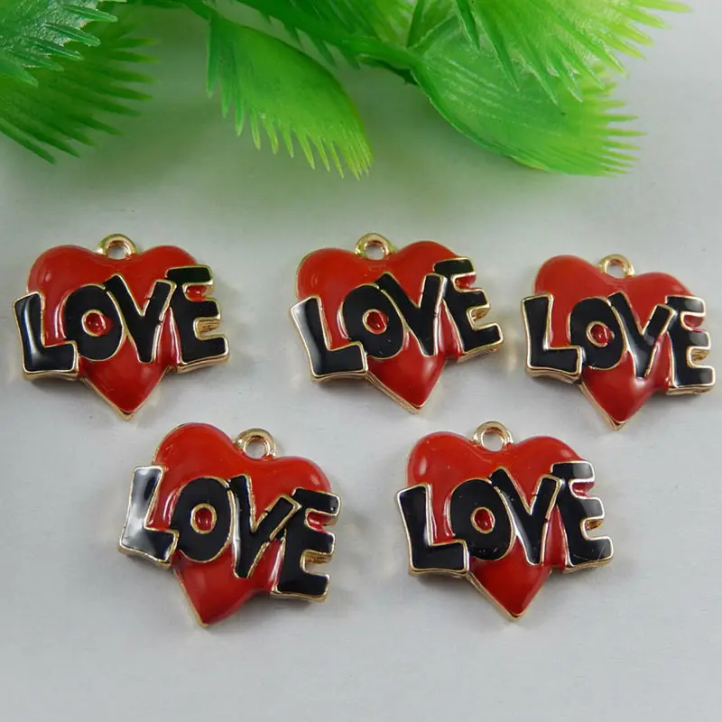 Newest 12Pieces Vintage Gold Zinc Alloy Red Love Heart Bracelet Charms Cute Enamel Necklace Pendant Jewelry Making Crafts 51000|pendants jewelry