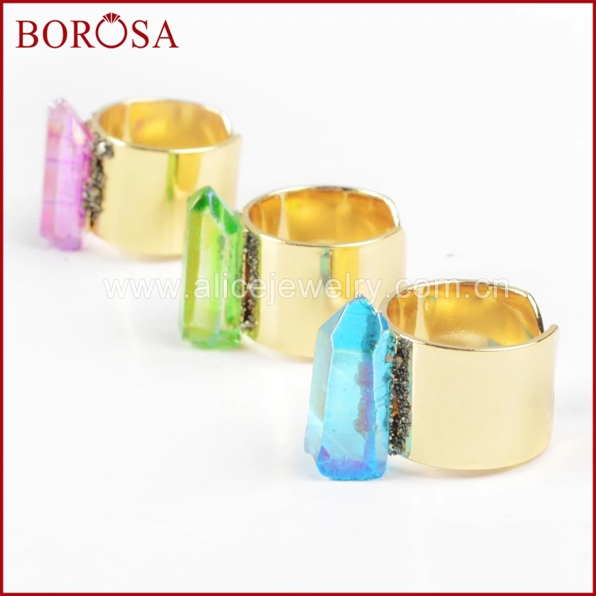 BOROSA Druzy Титан Радуга аура кварцевый Кристал острый кольцо с золотой полоской