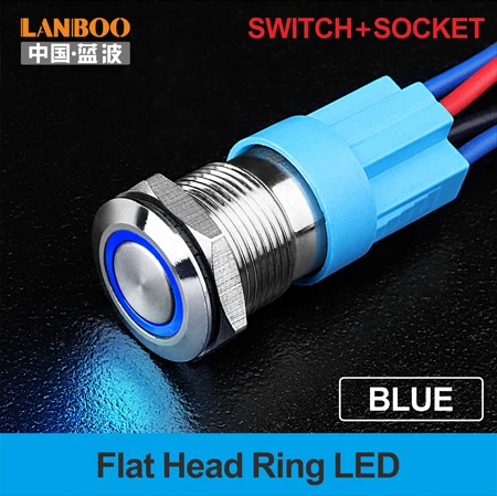 BLUE (FLAT RING) LANBOO 12 мм водонепроницаемый выключатель без фиксации металлический дверной Звонок кнопочный переключатель светодиодный с переключателем и разъемом - Цвет: BLUE (FLAT RING)