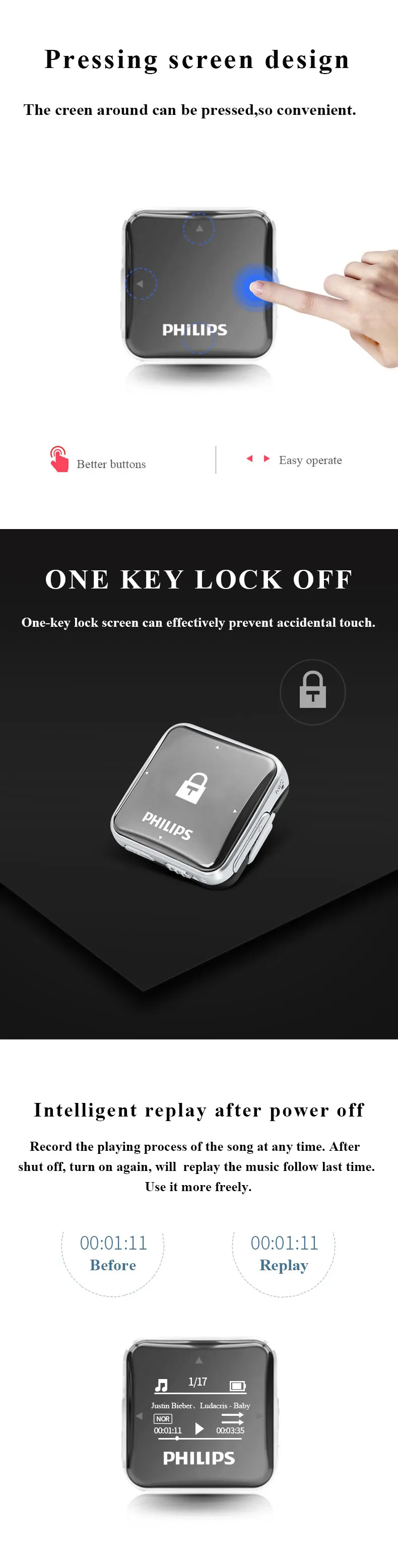 Philips музыкальный MP3 плеер 8 Гб Спортивный клип мини без потерь полный звук стерео Walkman экран с FM радио/запись SA2208