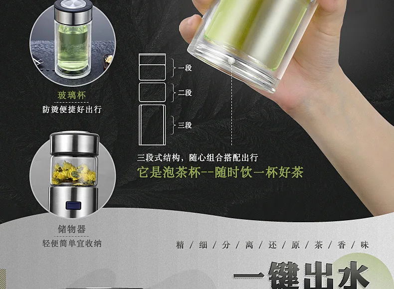 Double Wall Glass Tea Infuser Bottle For Water Cup With Stainless Steel Filter Lid Separation Car Tumbler Gift Tour Drinkware