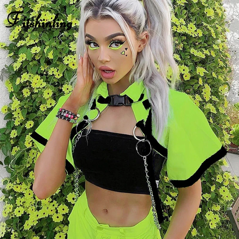 Женская рубашка с цепочкой и пряжкой Fitshinling неоново-зеленая блузка в стиле