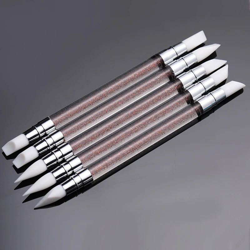 5 шт./компл. Силиконовая ручка с двойной головкой для дизайна ногтей Серебряная