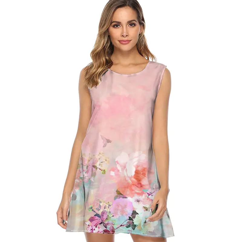 QZ1419 Pretty pink glitter dress for women Print Casual Chiffon Dress Sleeveless O neck Cute Summer Dress mini fashion Beach Dress - Цвет: QZ1419