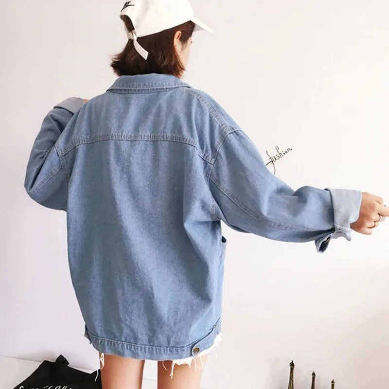 Danjeaner Bf Wind Женские повседневные свободные джинсы куртки с двумя большими карманами плюс размер однотонный отложной воротник джинсовая куртка пальто