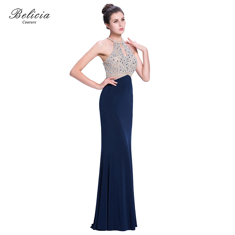 Belicia Couture Women Sleeveless Halter Long Jersey Mermaid Beading Evening Dress Elegant Formal Prom Party Dresses | Свадьбы и