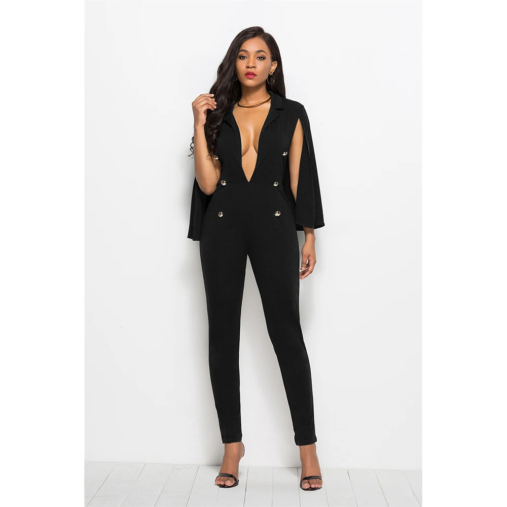 

Sexy Deep Neck Jumpsuit Women Casual Solid With A Cloak Button Skinny Slim Jumpsuit Office Formal Elegant Women Jumpsuit Vintage