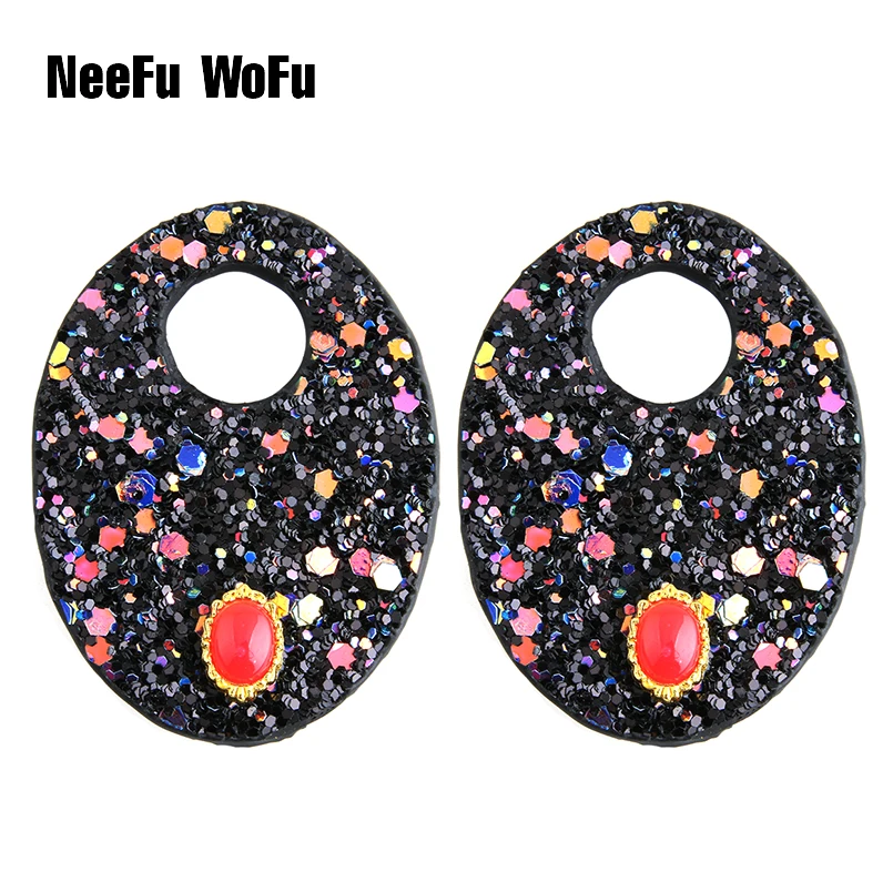 Овальные светящиеся кожаные серьги большие женские подвески с блестящими