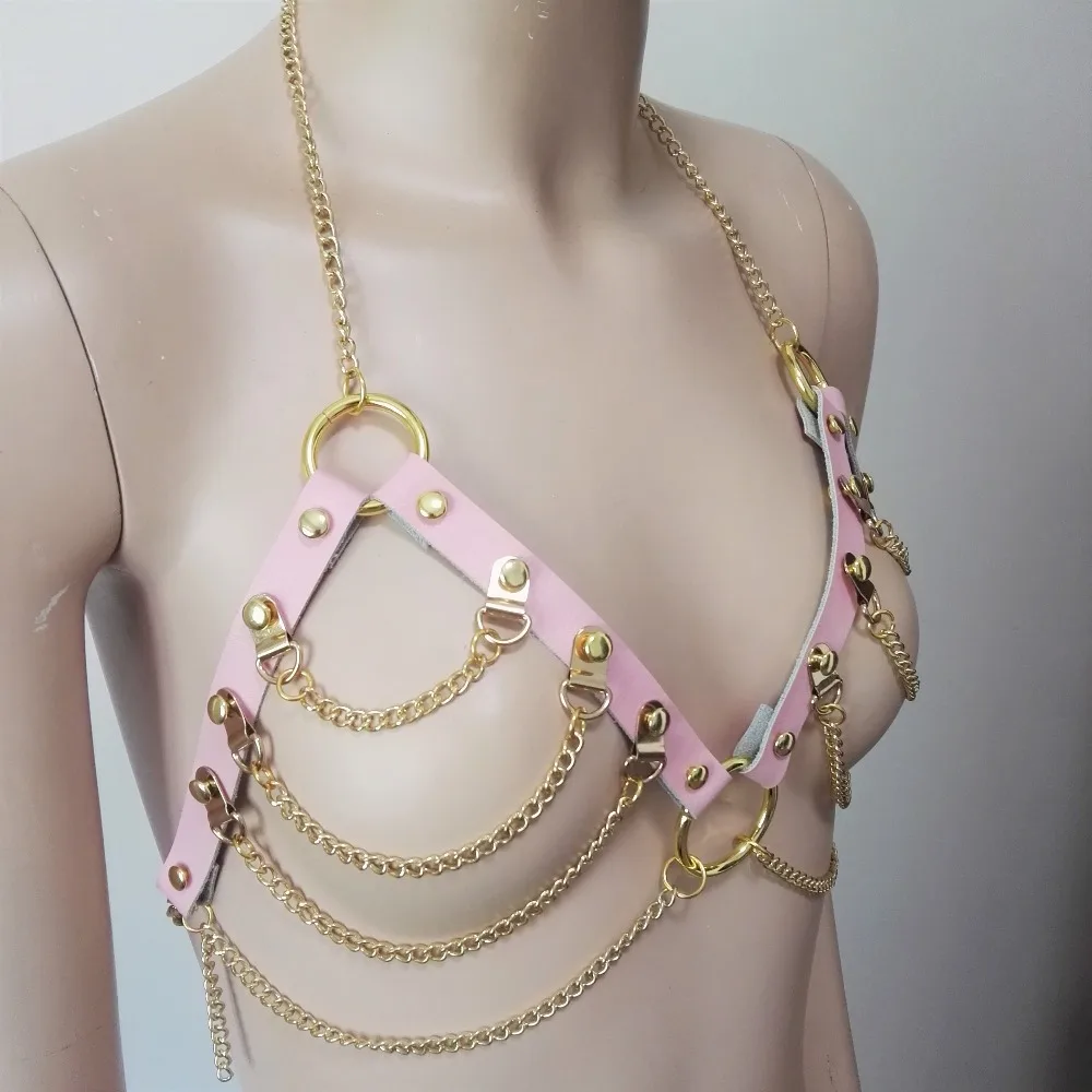 Women sexy Body Bondage Studded Rivet Punk Harness pink Leather metal Chain Handmade female Chest Belt goth Bra O-round | Женская одежда
