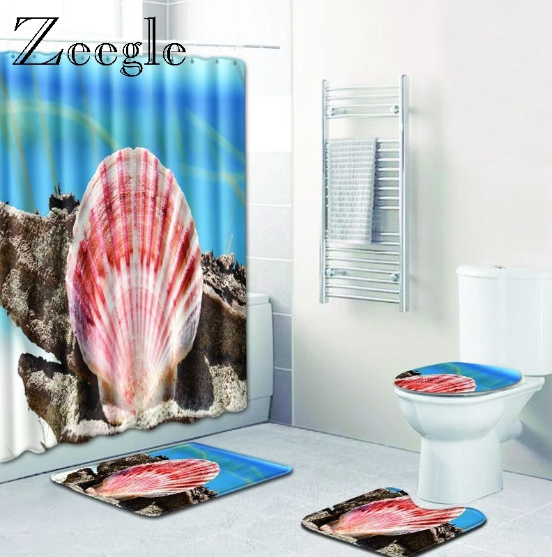 Zeegle Starfish Pattern 4PCS Bathroom Set and Shower Curtain Floor Carpet Modern Anti Slip Toilet Rug Water Absorbing Bath Mats | Дом и сад