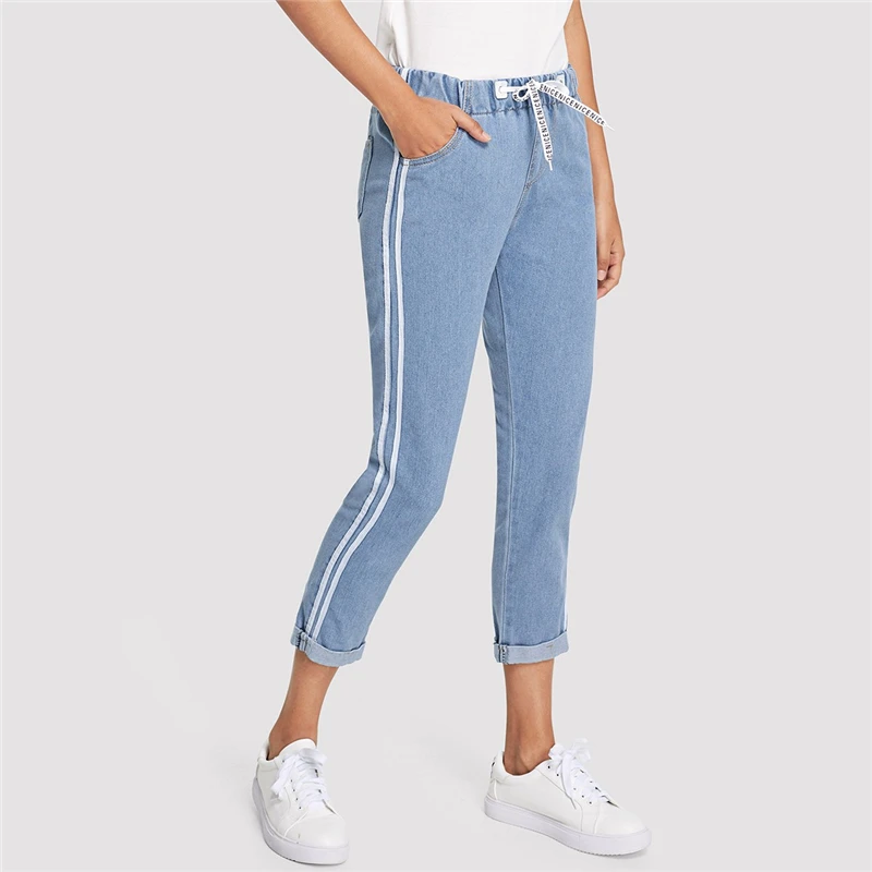 Dotfashion в синюю полоску с узлом сбоку спереди джинсы женщина осень Повседневное штаны с эластичной резинкой на талии укороченные джинсы для Для женщин джинсовые брюки