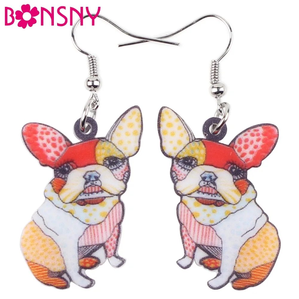 Bonsny Drop French Bulldog Pug Dog Earrings Big Long Dangle Earring Acrylic ANIMAL Fashion Jewelry For Women Children Girl Gift | Украшения