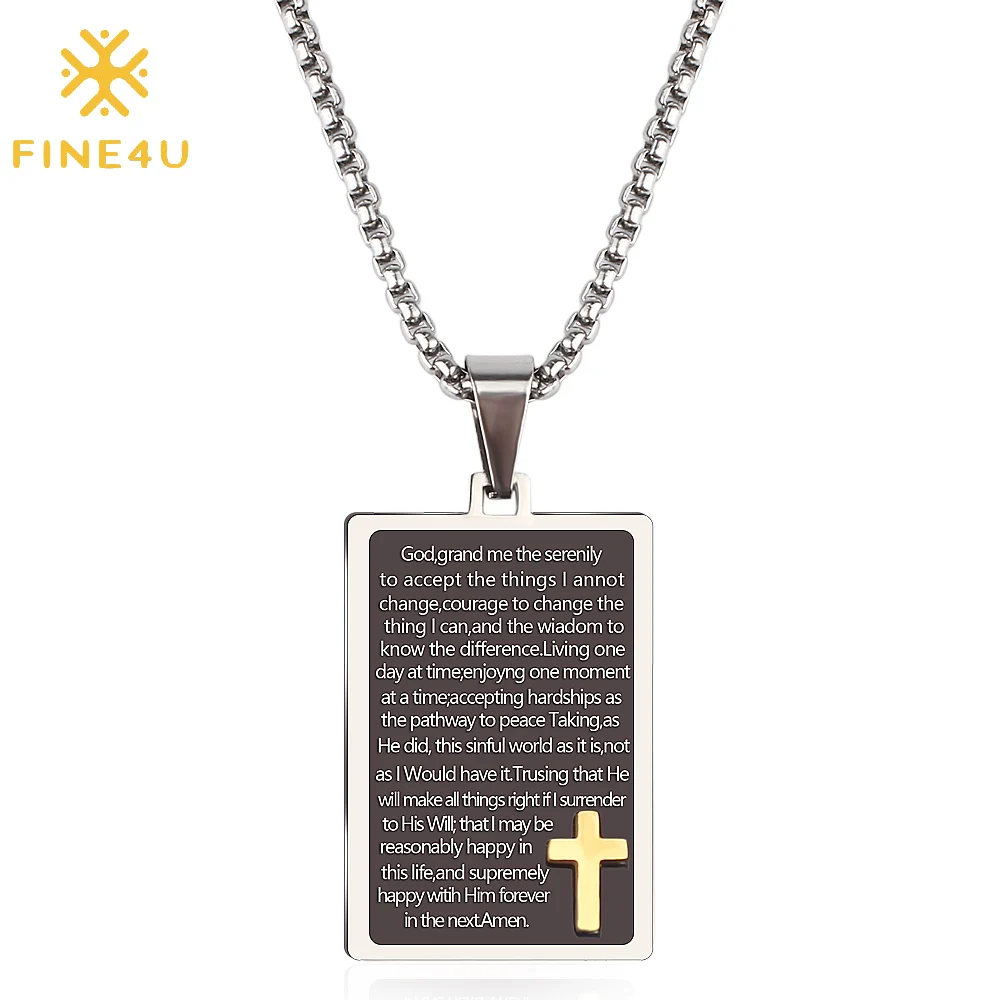 FINE4U N229 Stainless Steel Carving Dog Tag Pendant Necklace Men Box Chains Bible Cross Prayer For Christian Jewelry | Украшения и