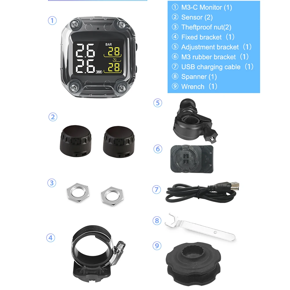 M3-C Wireless Motorcycle TPMS Real Tire Pressure Monitoring System Externe Universal 2 External Internal Sensors LCD Display | Автомобили