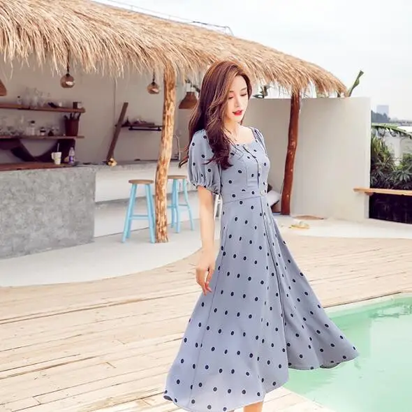 Женское винтажное платье в горошек Элегантное синее облегающее пляжное трапеция
