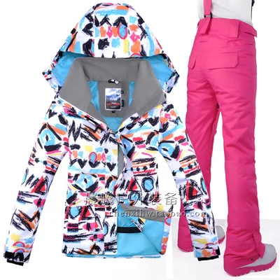 Color 1 Женская лыжная куртка Gsou Snow Brand+ брюки, дышащий супер теплый лыжный костюм, пальто для сноуборда, брюки, спортивная одежда, Женский костюм с капюшоном - Цвет: Color 1