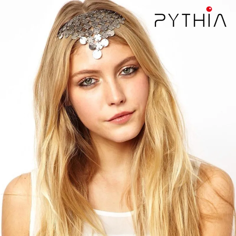 Pythia Vintage BOHO оголовье металла сплавом SEQUINS кисточкой лоб Кулон Голова цепочки