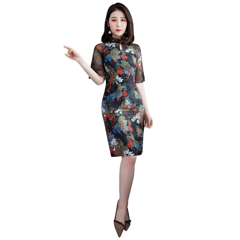 Шифоновое платье с воротником мандарина; Новинка; Cheongsam; Сексуальное Тонкое Повседневное платье; новое летнее платье с цветочным принтом; Vestidos; короткий рукав; Qipao