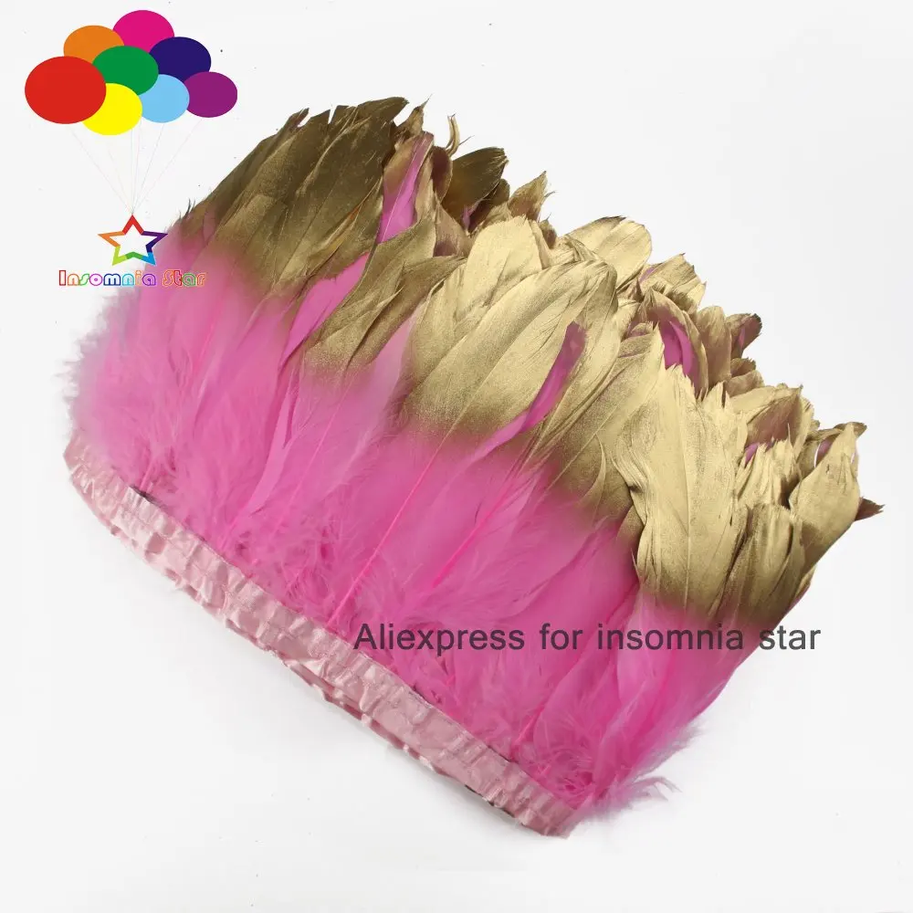 

Deep pink dress accessories hair feathers 2 Meter Goose fringe paint gold tips Feathers Trims with Satin Ribbon Tape center