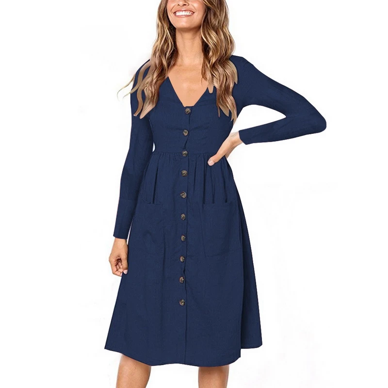Dark Blue Wenyujh модные женские туфли осенние длинный рукав; пуговицы Коктейльные Вечерние платье сексуальное платье с v-образным воротом, Однотонная повседневная обувь рубашки Женская зимняя обувь - Цвет: Dark Blue