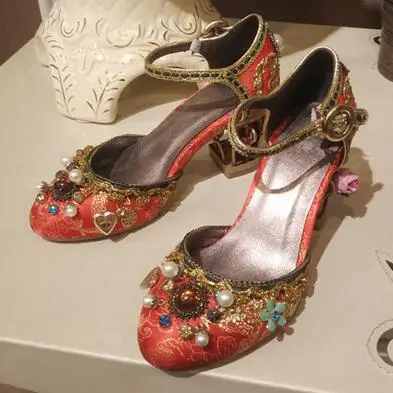 embroidery red Модные женские вельветовые туфли-лодочки в стиле Лолиты; цвет синий; вечерние туфли с круглым носком на высоком каблуке; женские свадебные туфли с красной вышивкой - Цвет: embroidery red