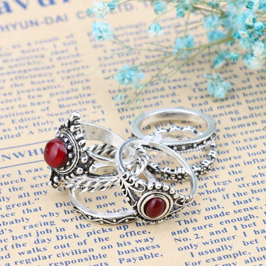 Kinel 7 шт./компл. бохо красный опал кольцо миди набор тибетских античных серебряных