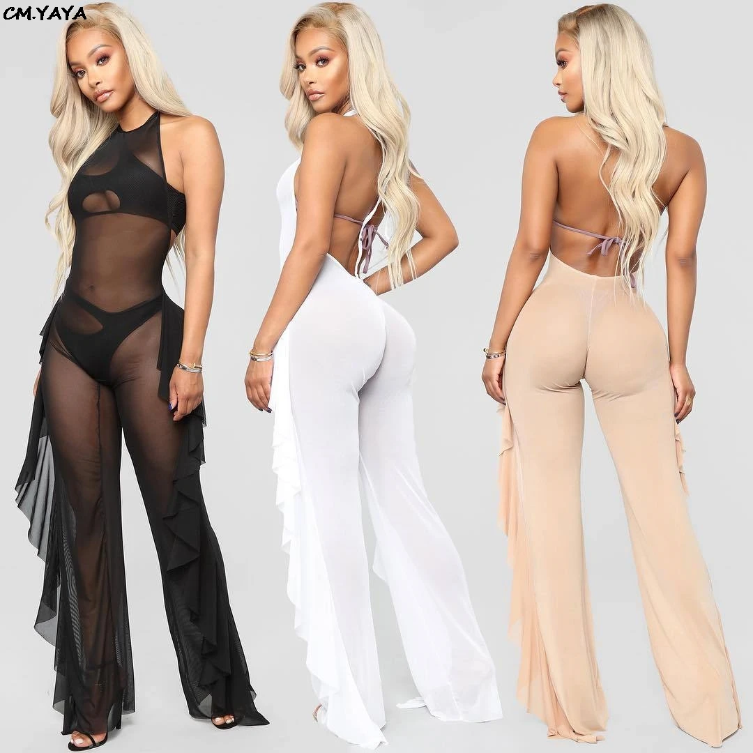 Женский пляжный комбинезон с открытой спиной сетчатый оборками и широкими