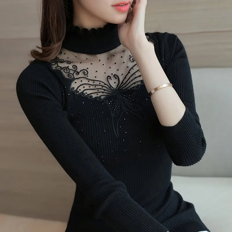 Новинка года; женский свитер с длинными рукавами и оборками; женский свитер с высоким воротником; осенне-зимний пуловер с бабочкой; кружевной тянущийся свитер