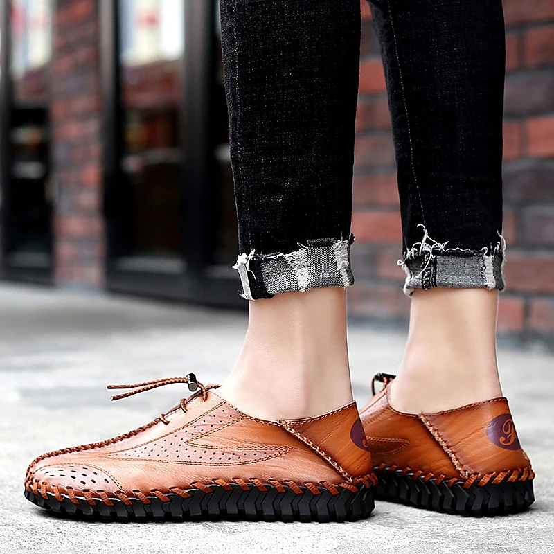 Men's Driving Shoes Men Genuine Leather Loafers Fashion Handmade Soft Breathable Moccasins Flats Slip On DD077 | Обувь