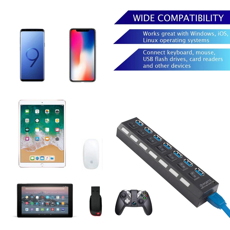 USB HUB 3,0 Супер скорость 5 Гбит/с 7 портов USB 3,0 usb-хаб с переключателем включения/выключения Platooninsert для компьютера ноутбука периферийные устройства