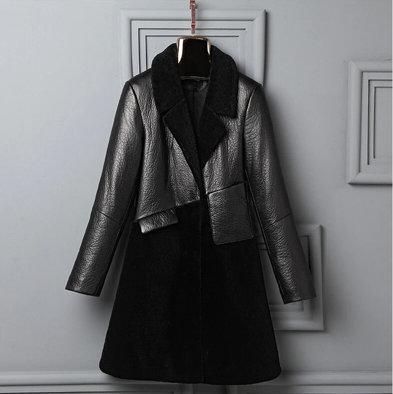 2017 Новый 100% Натуральная Кожа и Настоящее Овец Меха Пальто Мода Меховой Опушкой