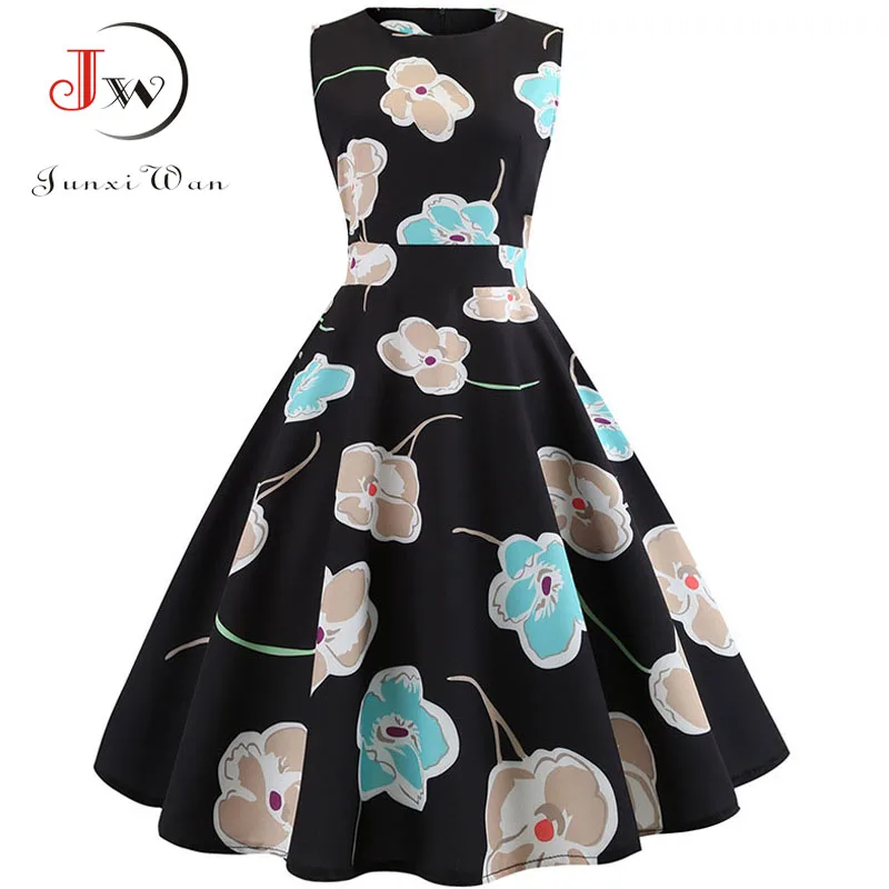 

Women Summer Sleeveless Floral Print Midi Dress O Neck Retro Vintage Vestidos Robe Rockabilly Party Plus Size