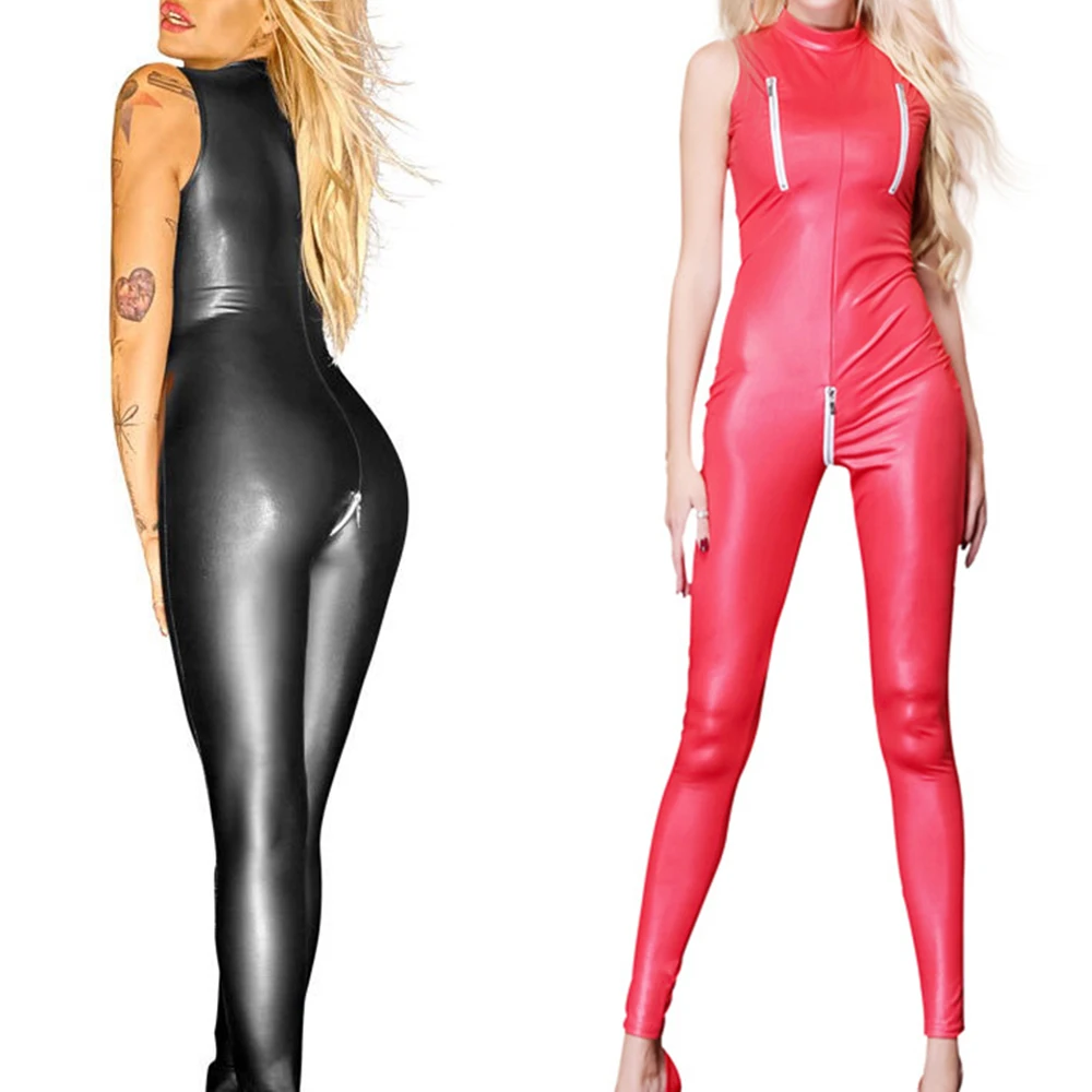 Sexy Faux Leather Zipper Open Crotch Locomotive Bodysuit Porno Club Lingerie Body Stocking Plus Size Nightclub Female Harajuku |