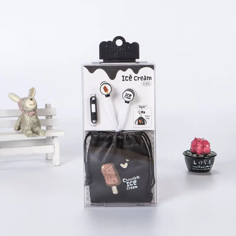 Black With Package Милые Мультяшные наушники с мороженым, наушники-вкладыши 3,5 мм, сумка для хранения микрофона для мобильного телефона Xiaomi HuaWei, подарки для девочек - Цвет: Black With Package