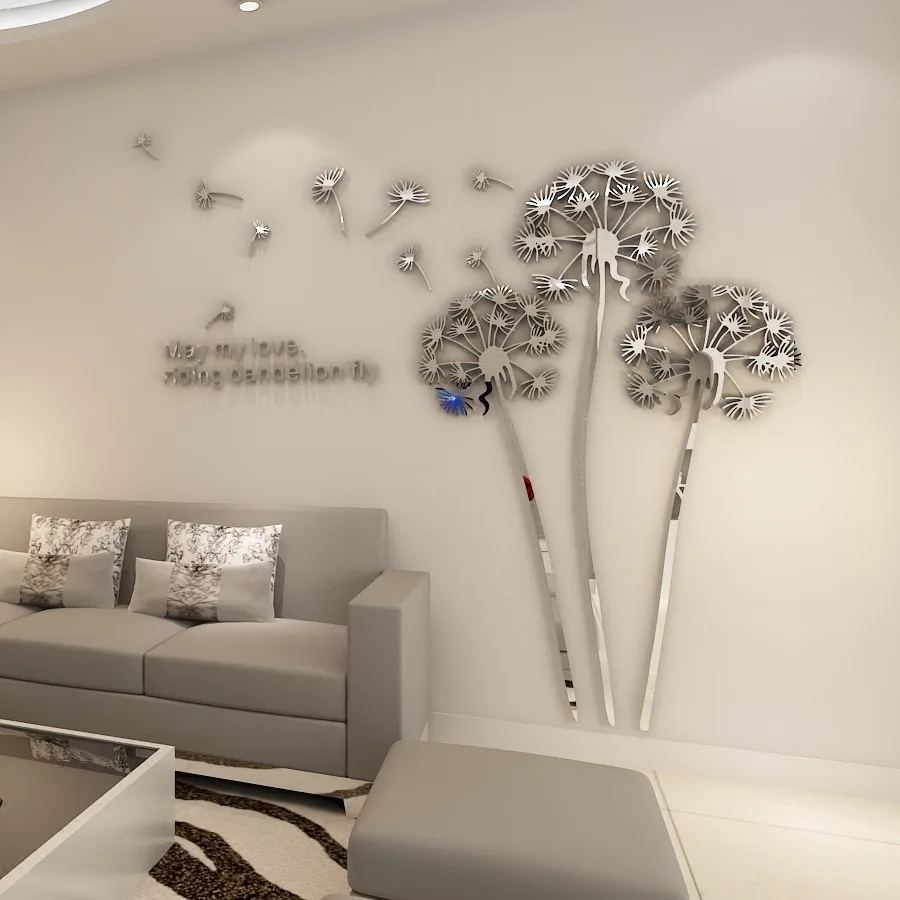 Mirror silver RIGHT Горячая Распродажа, 3D Наклейка на стену с одуванчиком, акриловая наклейка с крицалевым зеркалом для гостиной, спальни, кухни, домашний декор, 2,3x2,1 м, наклейка - Цвет: Mirror silver RIGHT