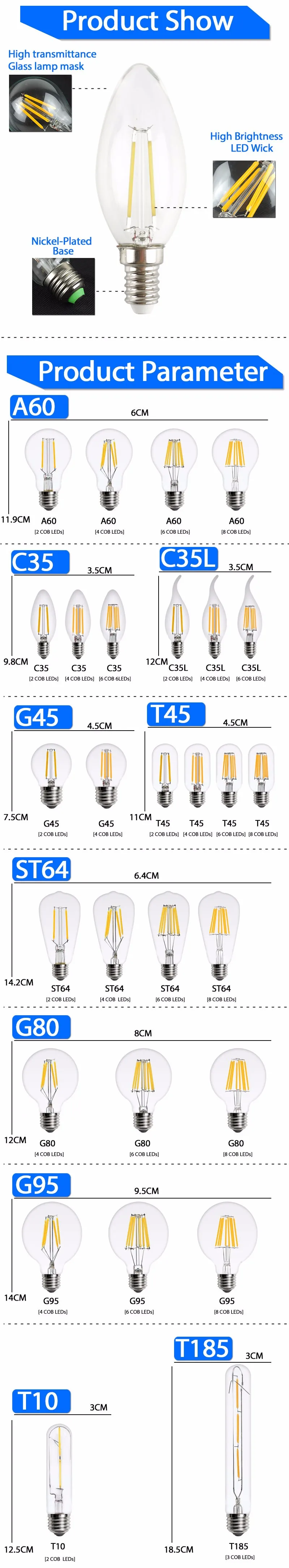 E27 E14, антикварный светодиодный светильник Эдисона, винтажный светодиодный светильник, 220 В, Ретро стиль, стеклянный светодиодный светильник с нитью накаливания, Точечный светильник в виде свечи, Вольфрамовая Лампа