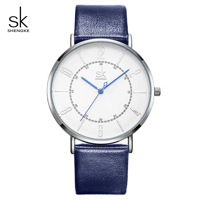 Shengke модные парные часы кварцевые женские наручные часы набор Reloj Montre простой кожаный ремешок Валентина Любовь Подарки на день рождения - Цвет: Bule man