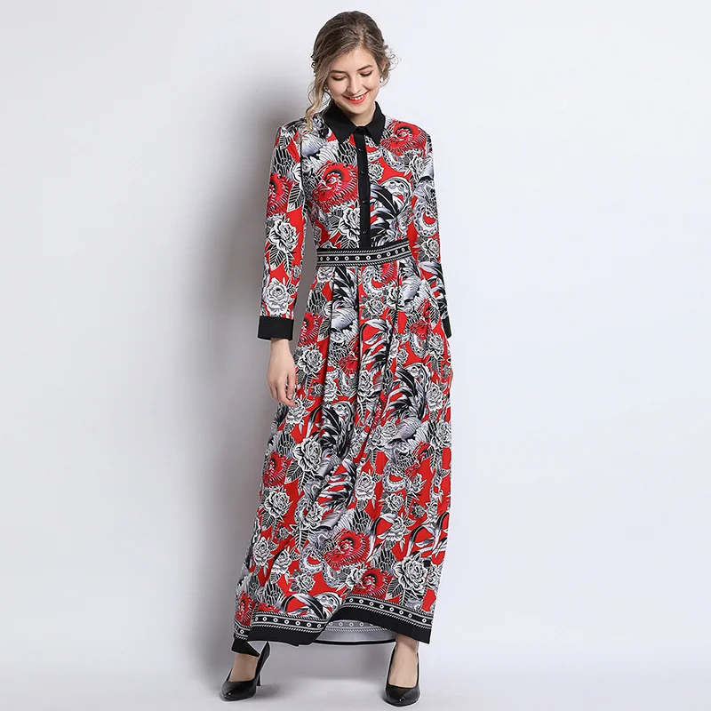 Fashion Summer Long Dress 2019 Women's Turn Down Collar Sleeve Flower Printed Patchwork Vintage Ethnic Maxi Vestidos | Женская